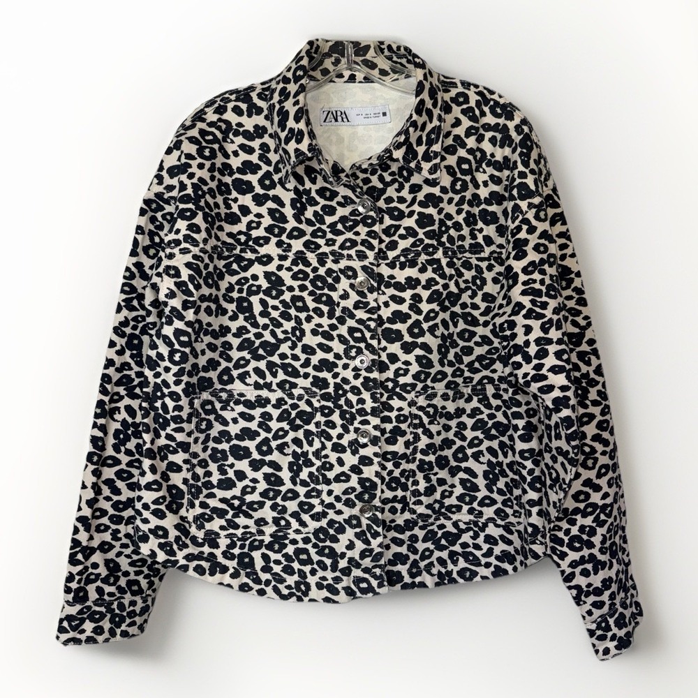Zara Leopard Print Denim Jacket Womens Small Oversized Boxy Cropped Cotton